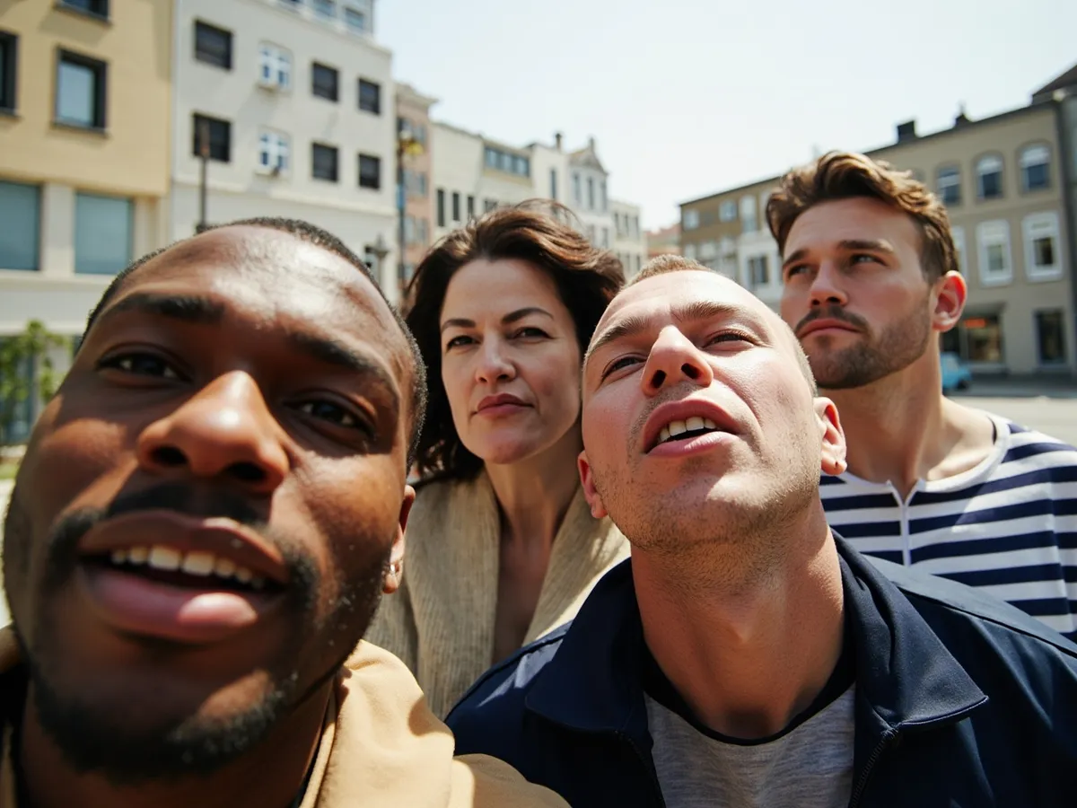 Computer-generated image: four friends laughing together in a group photo on a quest day out