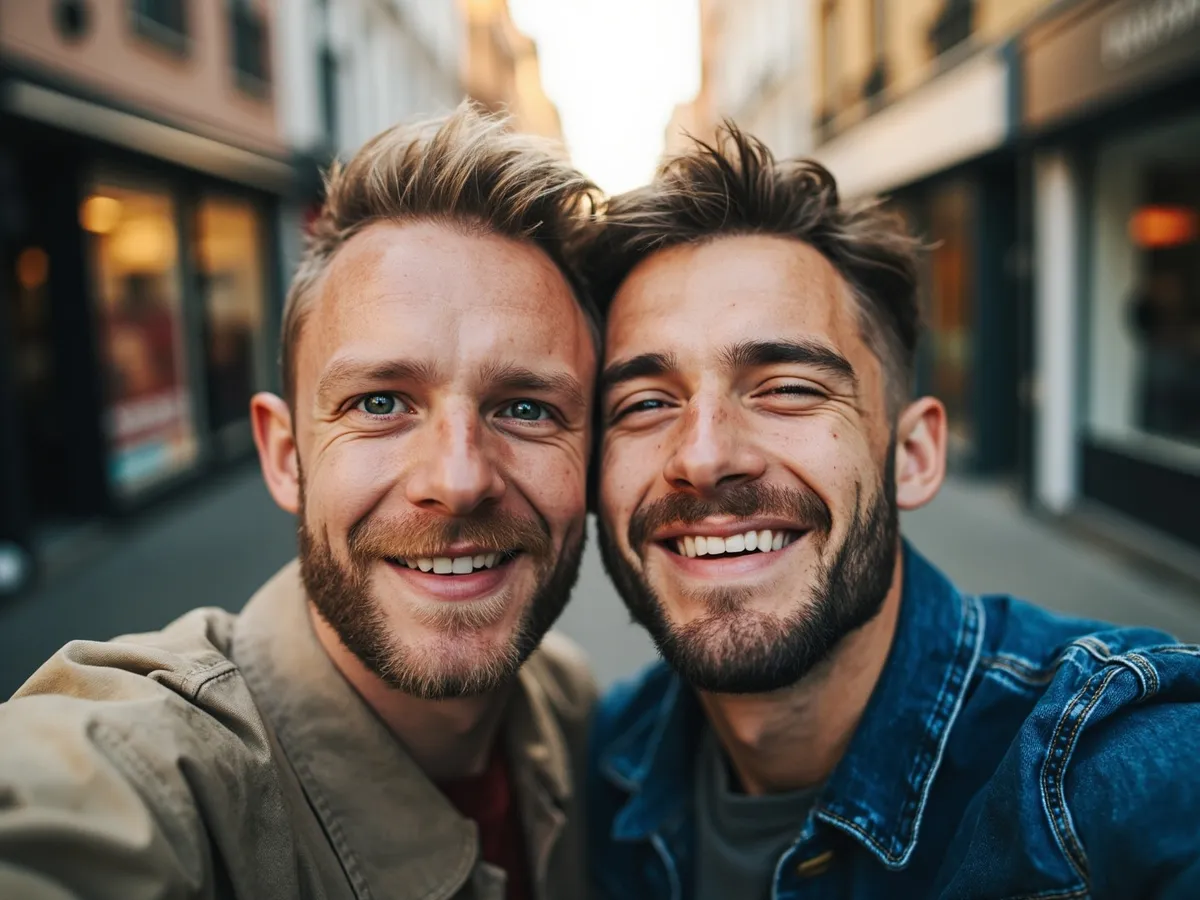 Computer-generated image: two friends laughing together in a group photo on a quest day out