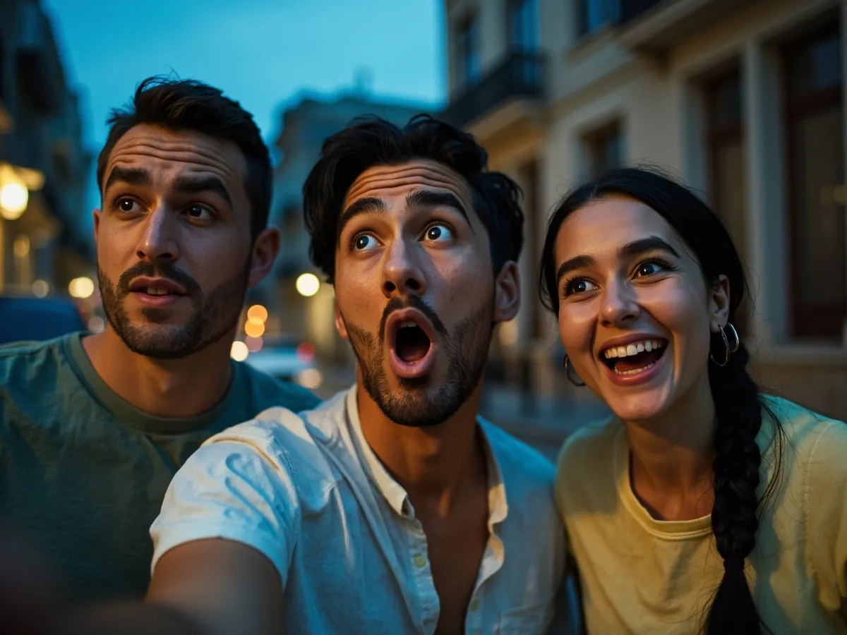 Computer-generated image: three friends laughing together in a group photo on a quest day out