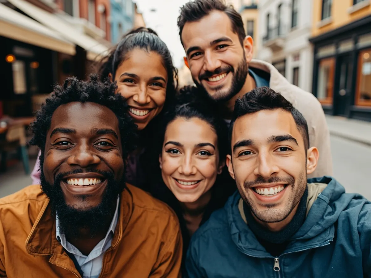 Computer-generated image: four friends laughing together in a group photo on a quest day out