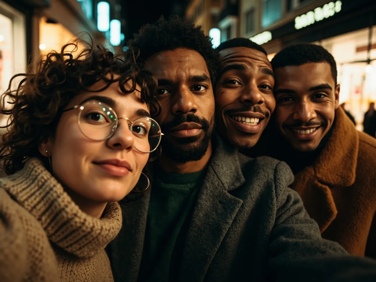 Computer-generated image: four friends laughing together in a group photo on a quest day out