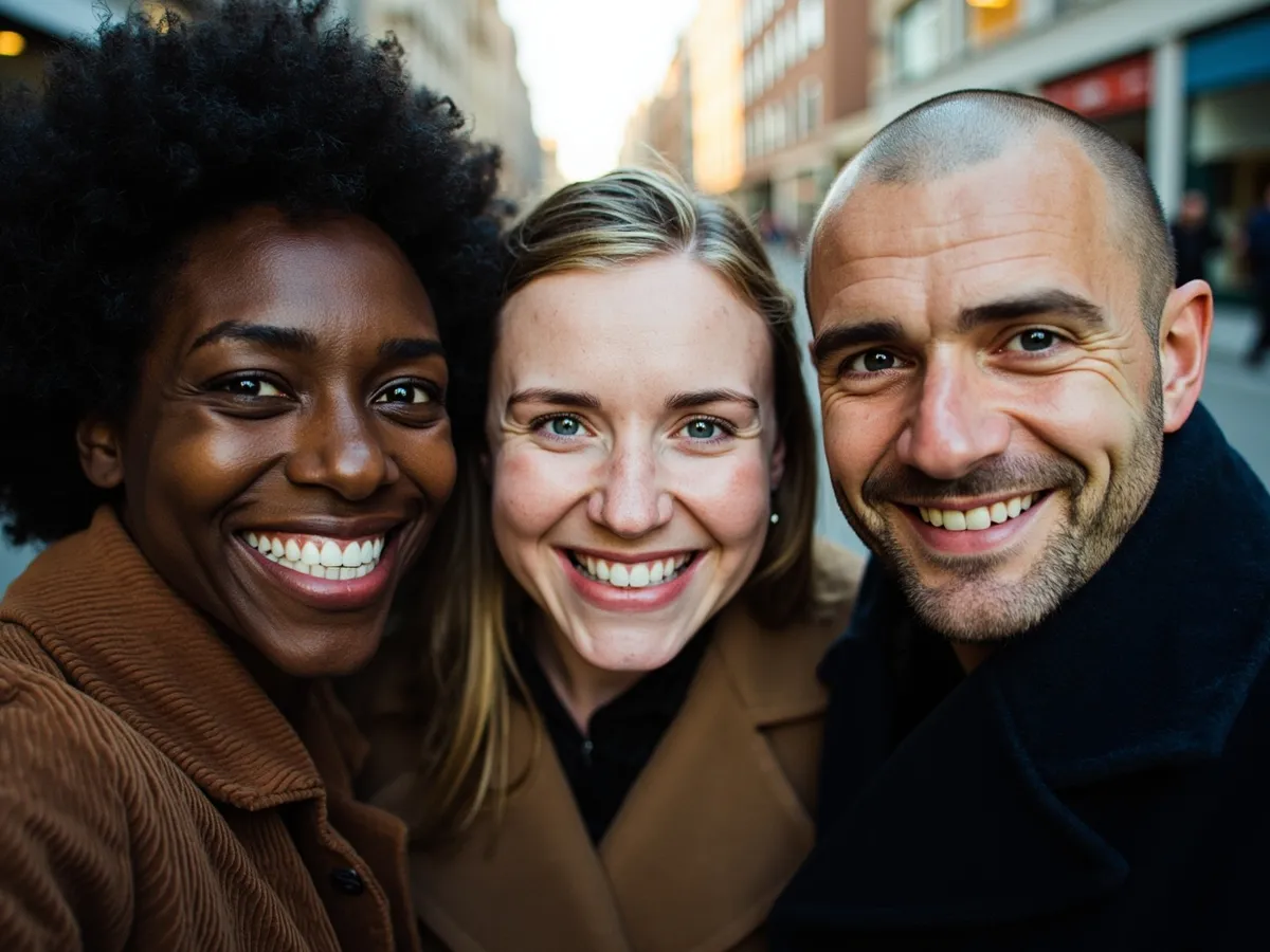 Computer-generated image: three friends laughing together in a group photo on a quest day out