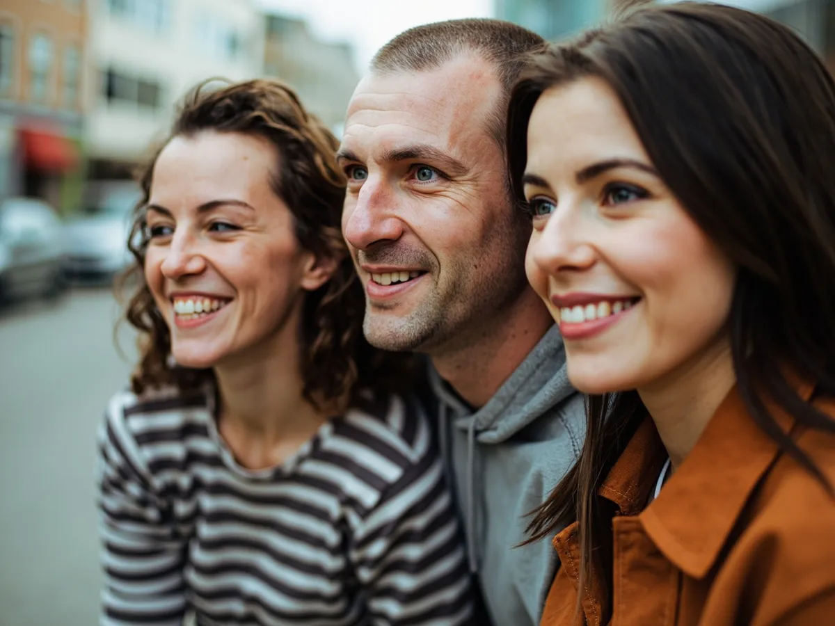 Computer-generated image: three friends laughing together in a group photo on a quest day out