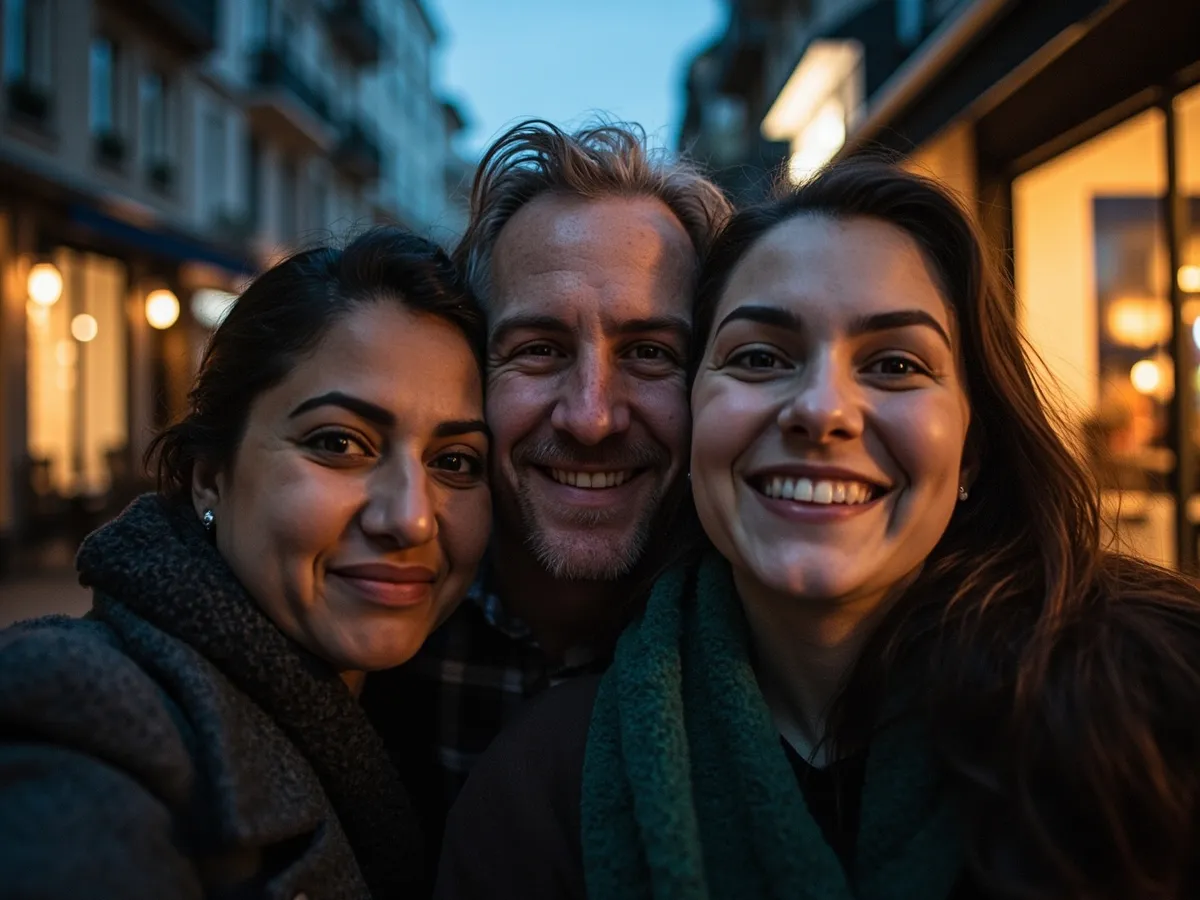 Computer-generated image: three friends laughing together in a group photo on a quest day out