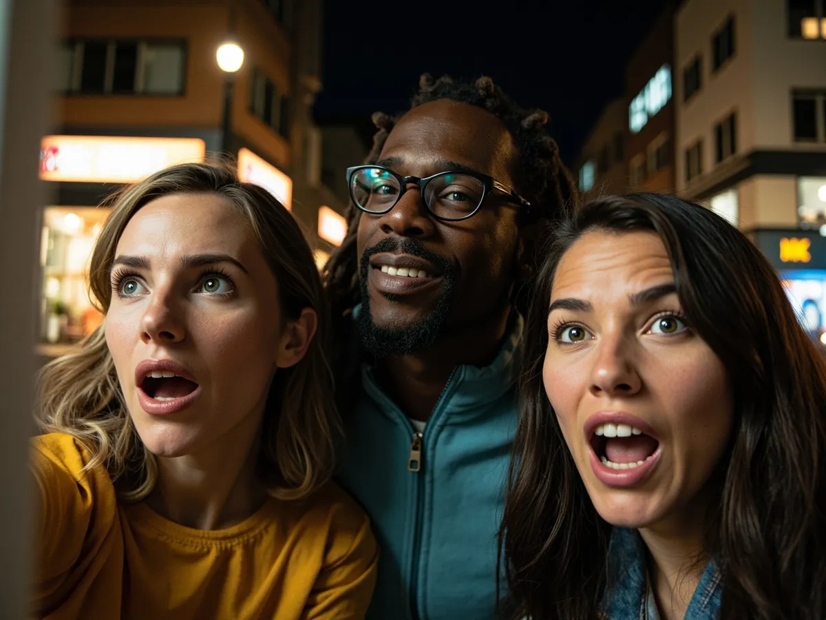 Computer-generated image: three friends laughing together in a group photo on a quest day out
