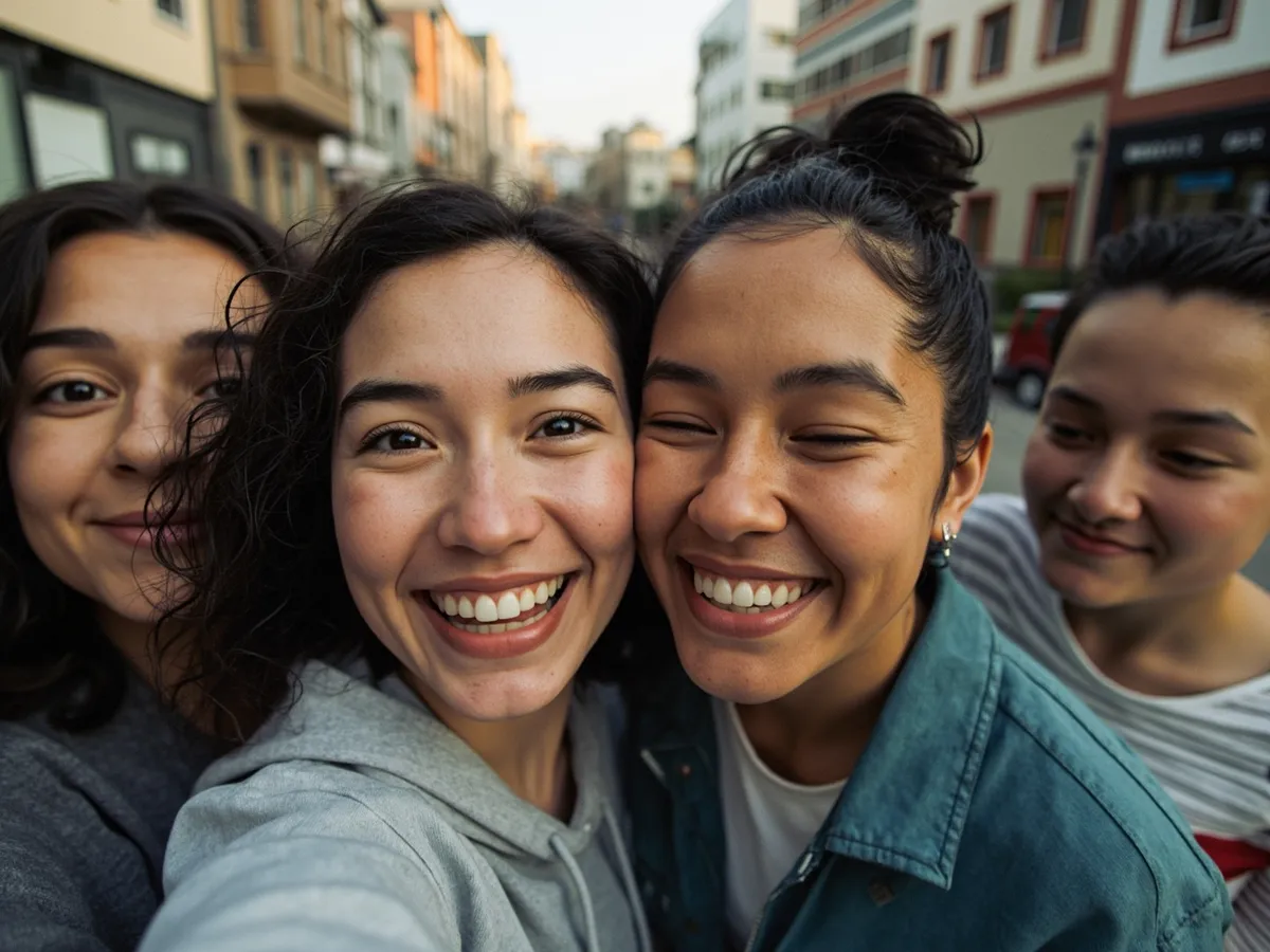 Computer-generated image: four friends laughing together in a group photo on a quest day out