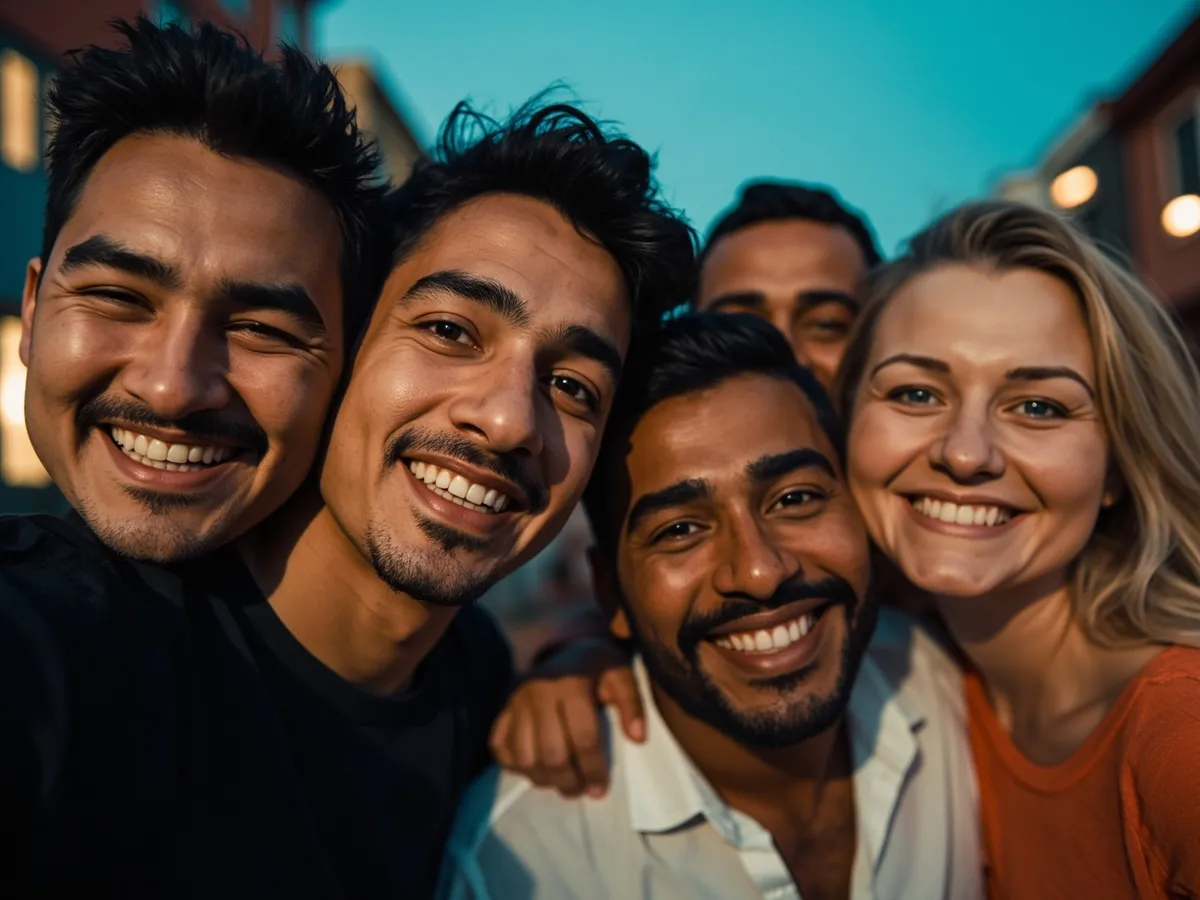 Computer-generated image: four friends laughing together in a group photo on a quest day out