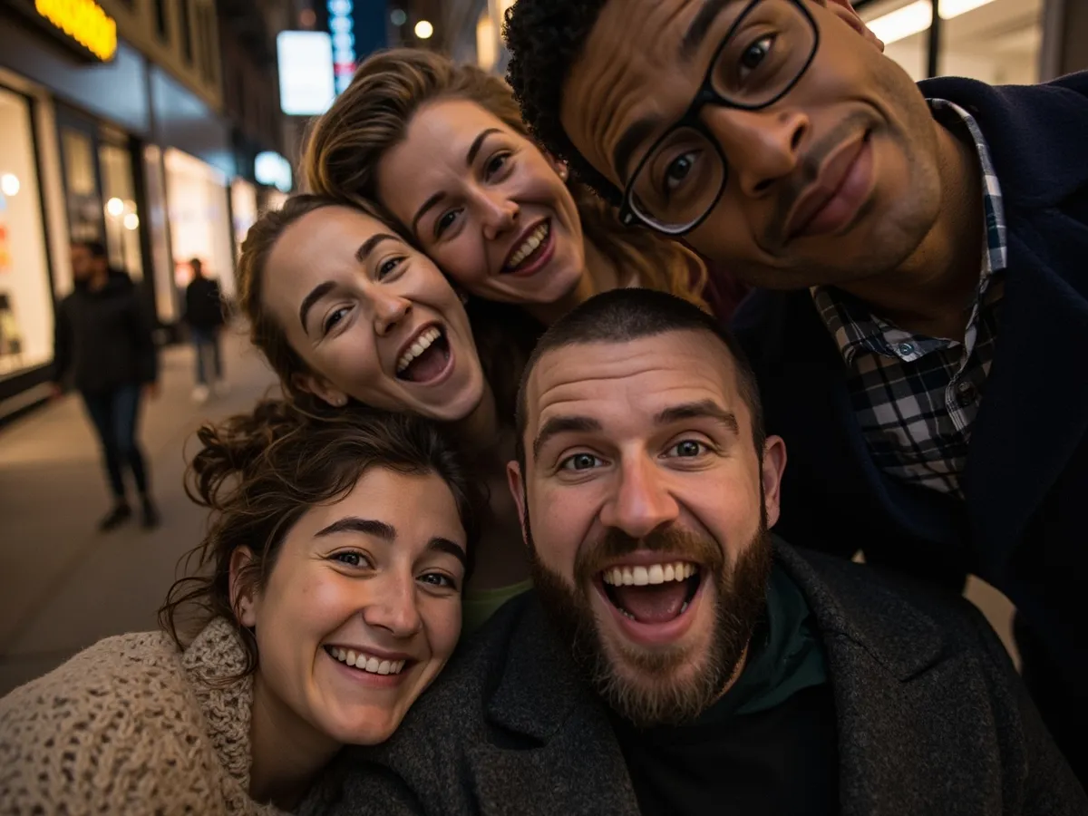Computer-generated image: four friends laughing together in a group photo on a quest day out