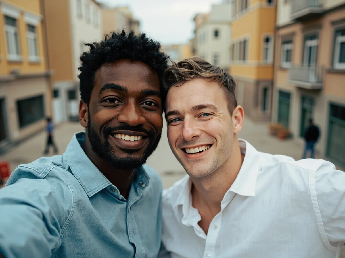 Computer-generated image: two friends laughing together in a group photo on a quest day out