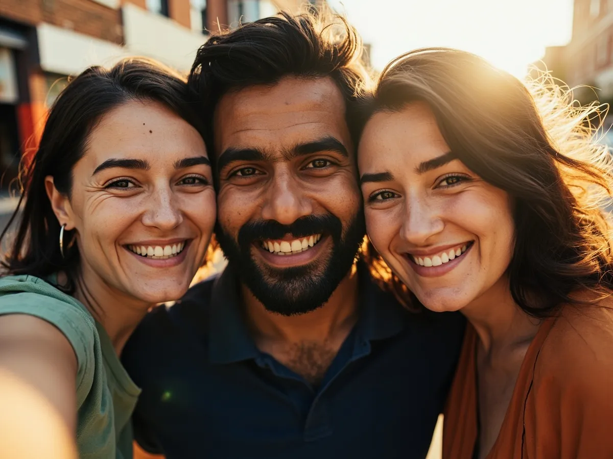 Computer-generated image: three friends laughing together in a group photo on a quest day out