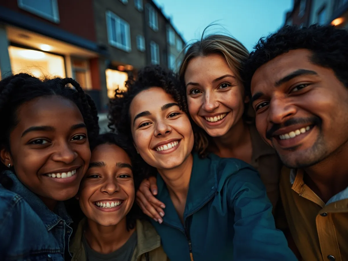 Computer-generated image: four friends laughing together in a group photo on a quest day out