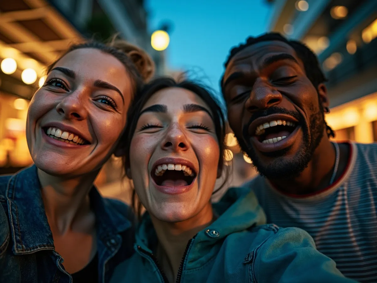 Computer-generated image: three friends laughing together in a group photo on a quest day out