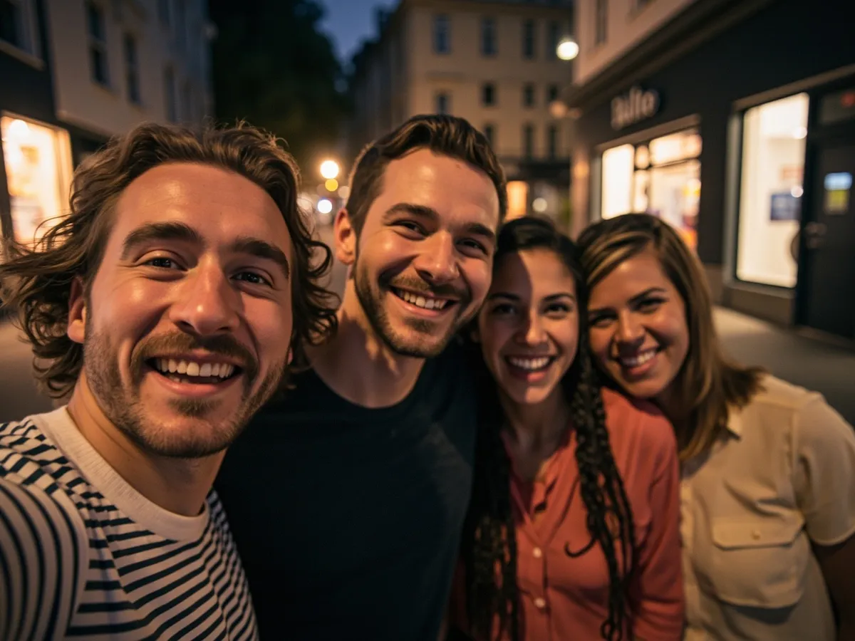 Computer-generated image: four friends laughing together in a group photo on a quest day out