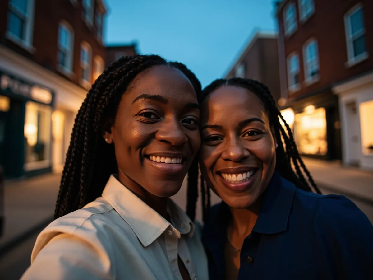 Computer-generated image: two friends laughing together in a group photo on a quest day out