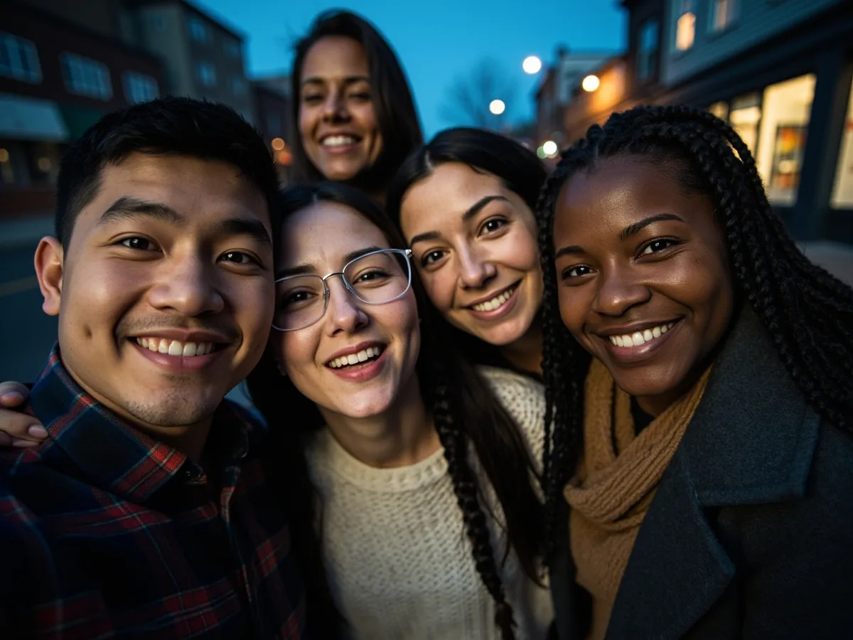 Computer-generated image: four friends laughing together in a group photo on a quest day out