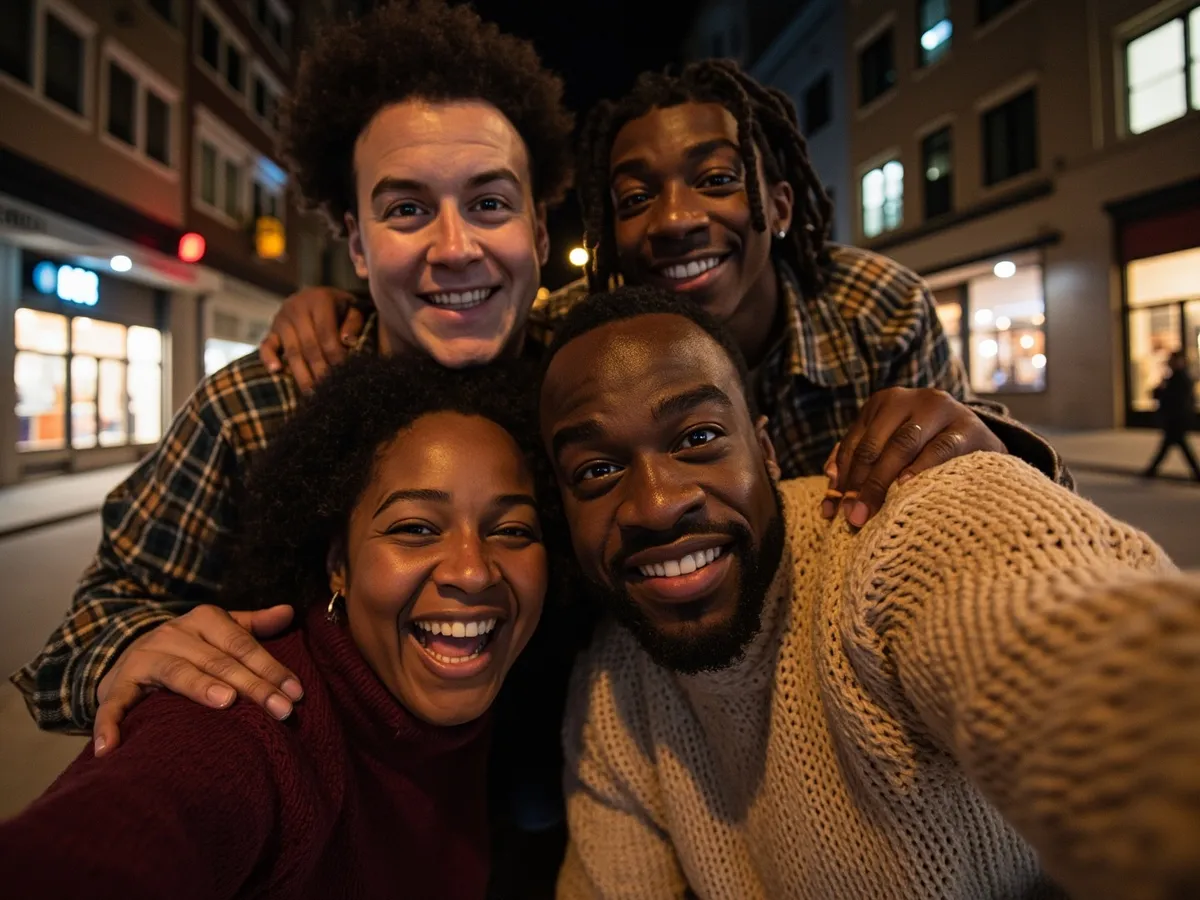 Computer-generated image: four friends laughing together in a group photo on a quest day out