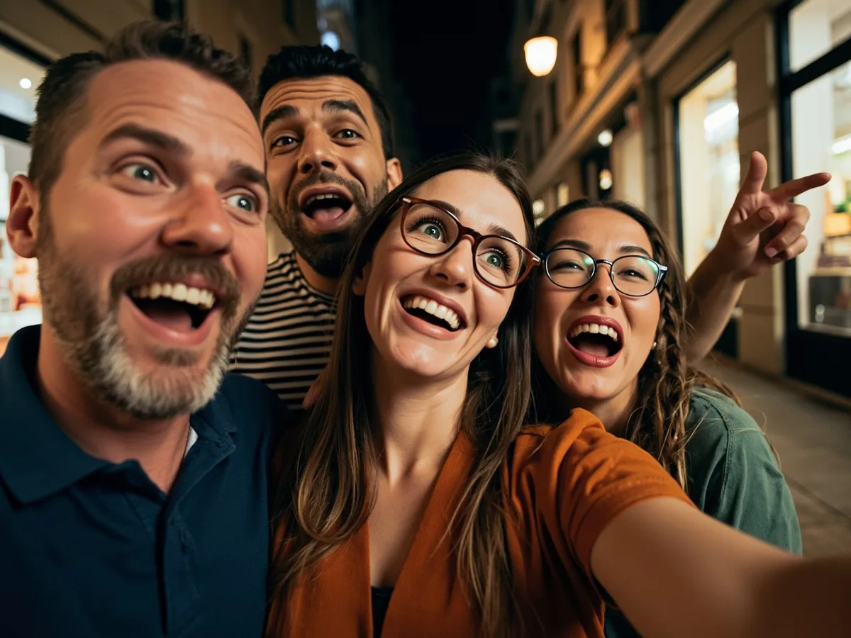 Computer-generated image: four friends laughing together in a group photo on a quest day out
