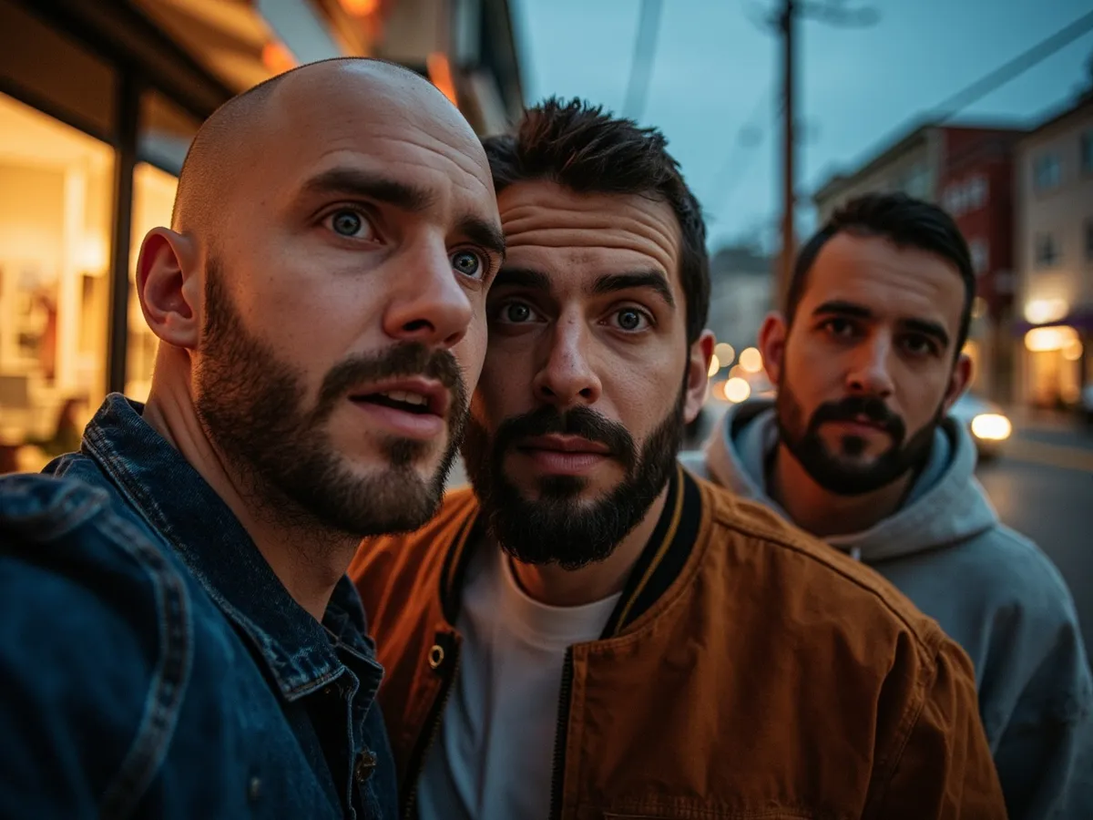 Computer-generated image: three friends laughing together in a group photo on a quest day out