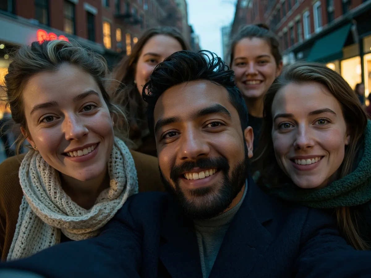 Computer-generated image: four friends laughing together in a group photo on a quest day out
