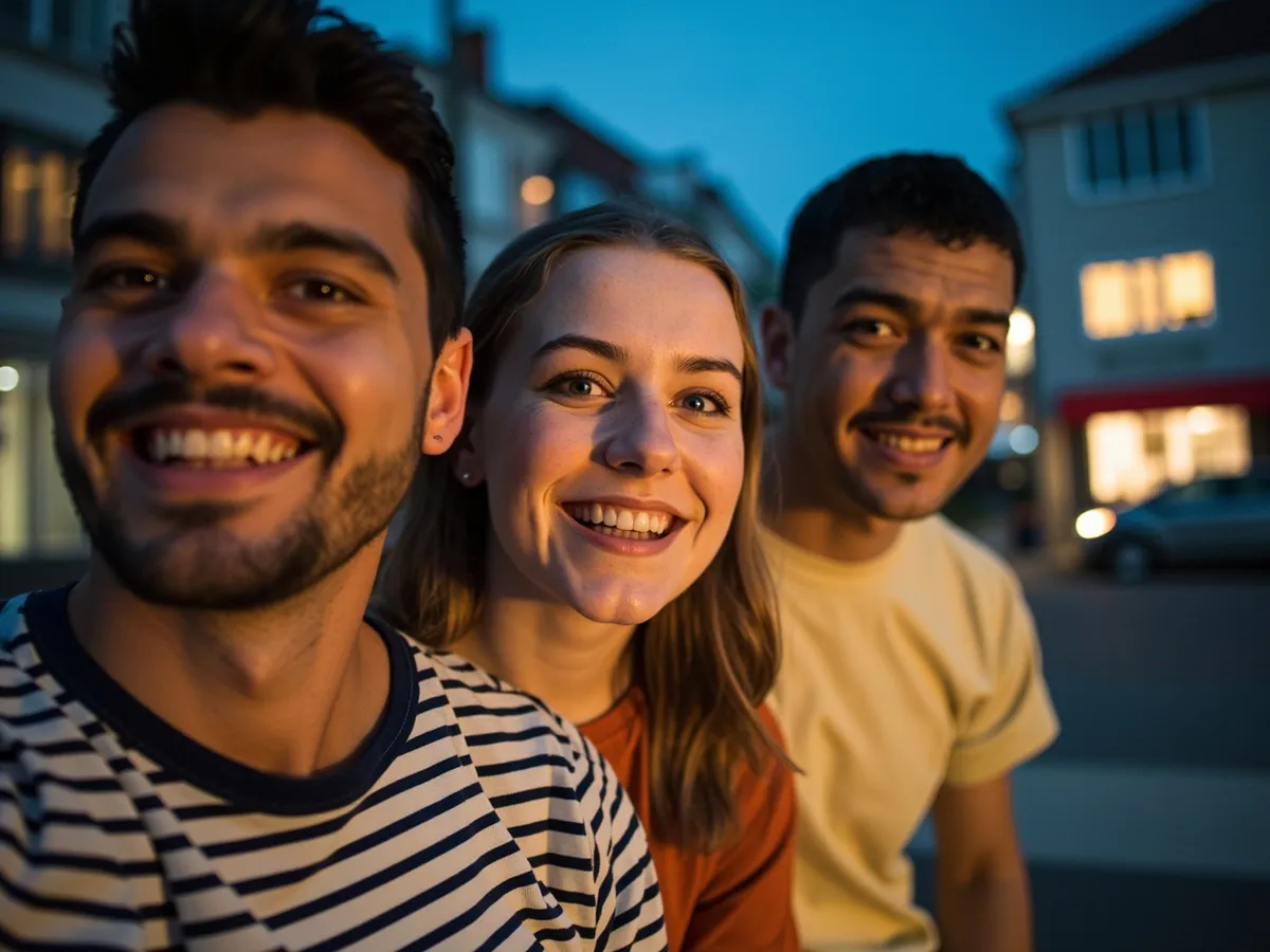 Computer-generated image: three friends laughing together in a group photo on a quest day out