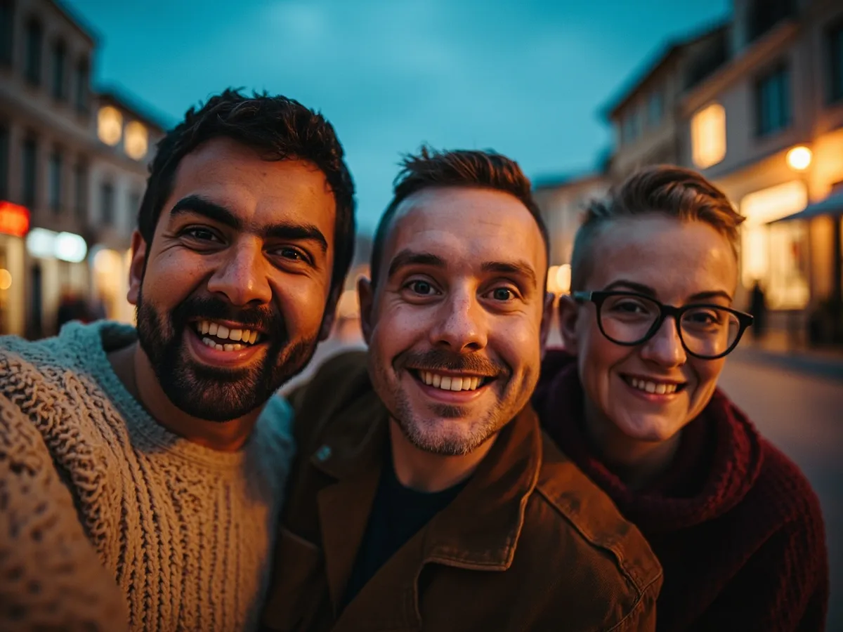 Computer-generated image: three friends laughing together in a group photo on a quest day out