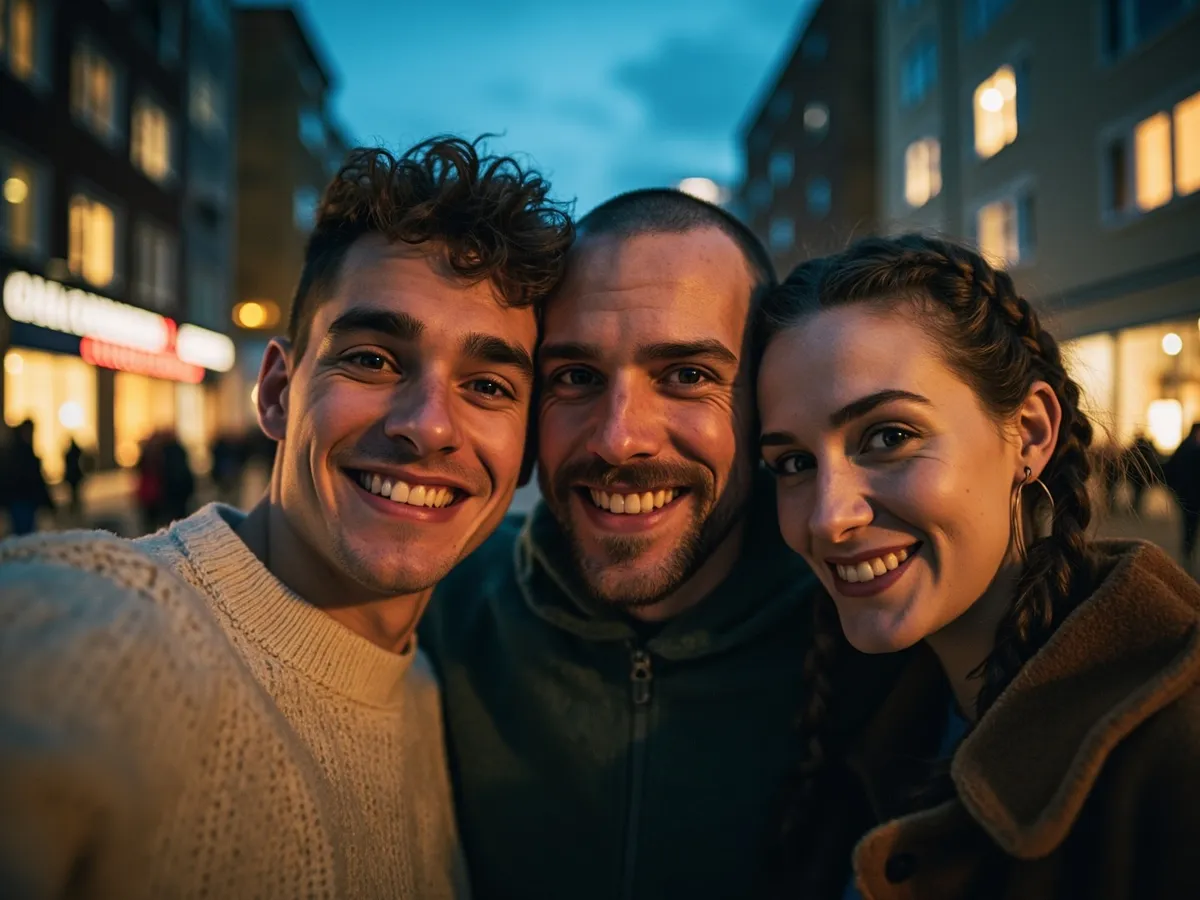 Computer-generated image: three friends laughing together in a group photo on a quest day out