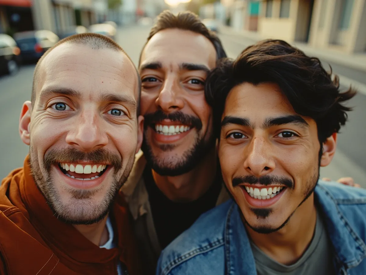 Computer-generated image: three friends laughing together in a group photo on a quest day out