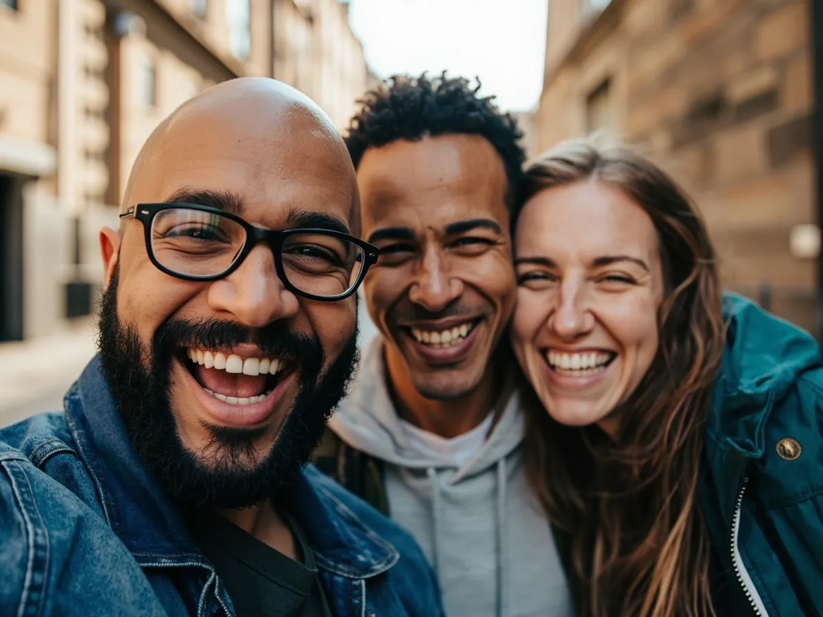 Computer-generated image: four friends laughing together in a group photo on a quest day out