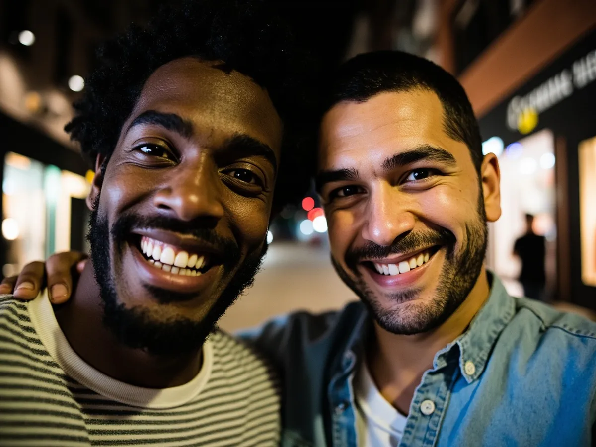 Computer-generated image: two friends laughing together in a group photo on a quest day out