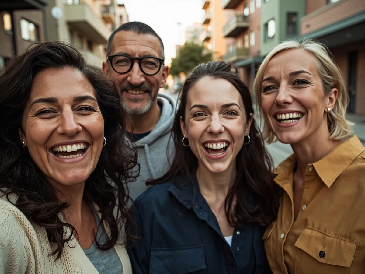 Computer-generated image: four friends laughing together in a group photo on a quest day out