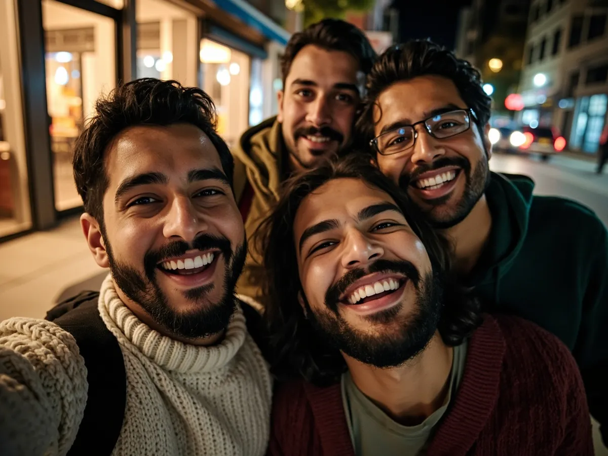 Computer-generated image: four friends laughing together in a group photo on a quest day out