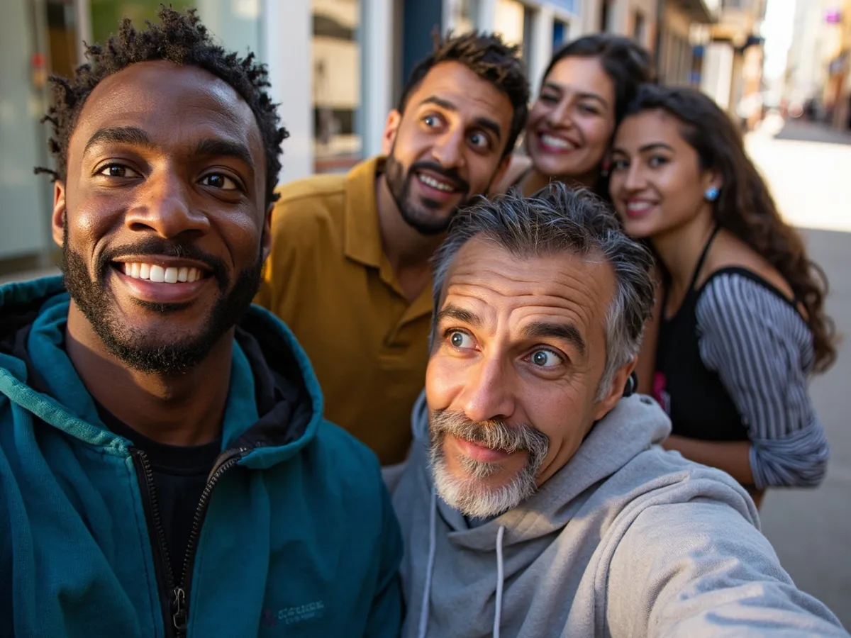 Computer-generated image: four friends laughing together in a group photo on a quest day out