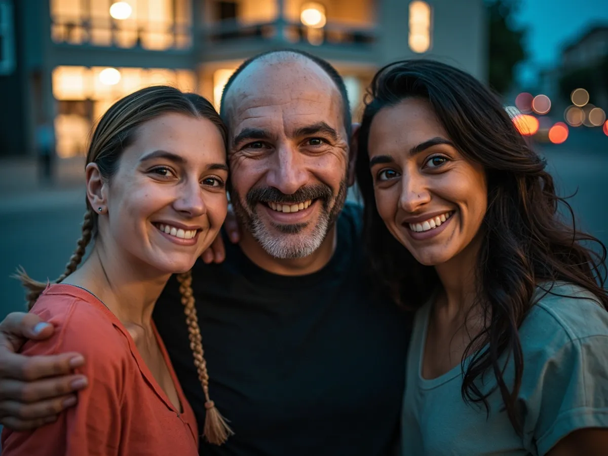 Computer-generated image: three friends laughing together in a group photo on a quest day out