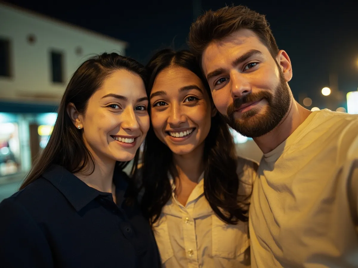 Computer-generated image: three friends laughing together in a group photo on a quest day out