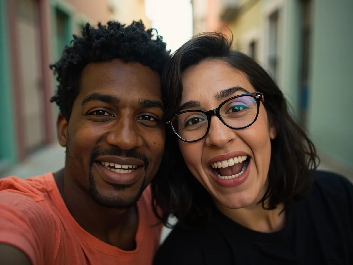 Computer-generated image: two friends laughing together in a group photo on a quest day out