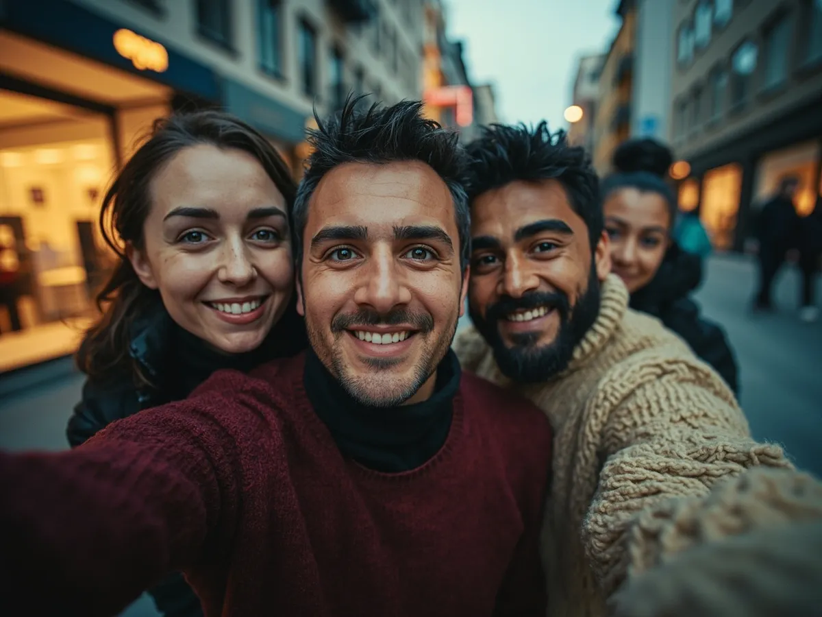 Computer-generated image: four friends laughing together in a group photo on a quest day out