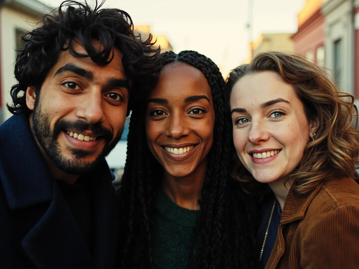 Computer-generated image: three friends laughing together in a group photo on a quest day out