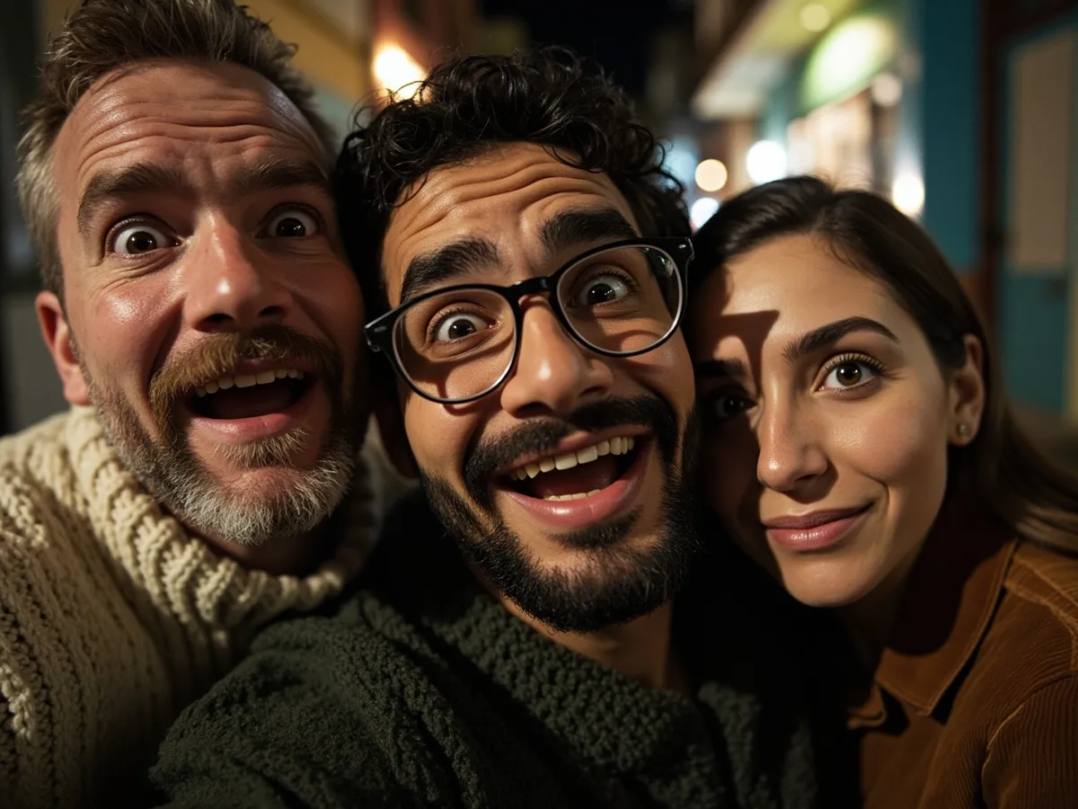 Computer-generated image: three friends laughing together in a group photo on a quest day out