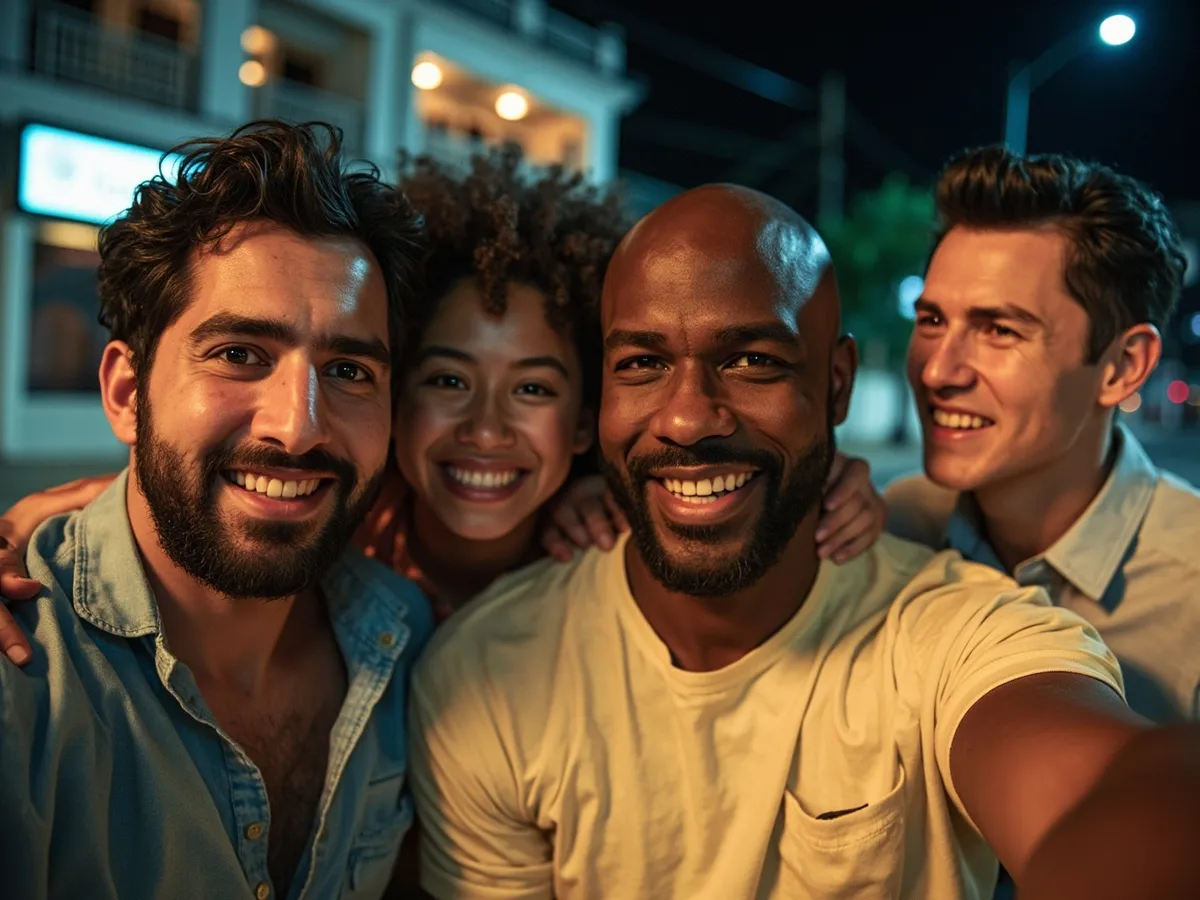 Computer-generated image: four friends laughing together in a group photo on a quest day out