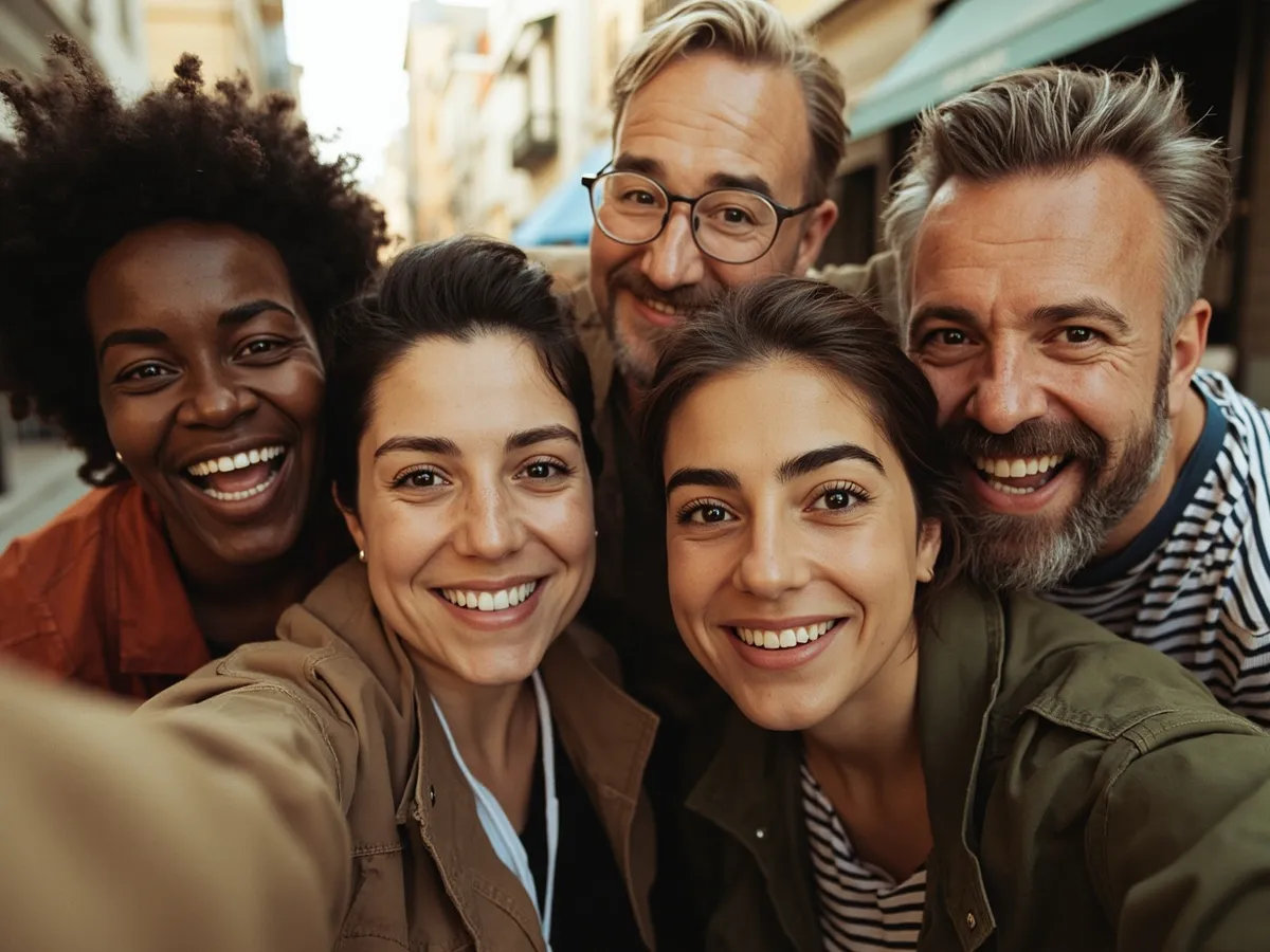 Computer-generated image: four friends laughing together in a group photo on a quest day out