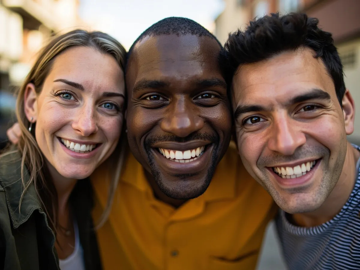Computer-generated image: three friends laughing together in a group photo on a quest day out