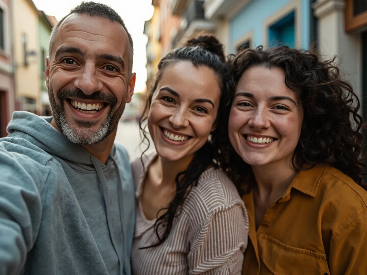 Computer-generated image: three friends laughing together in a group photo on a quest day out