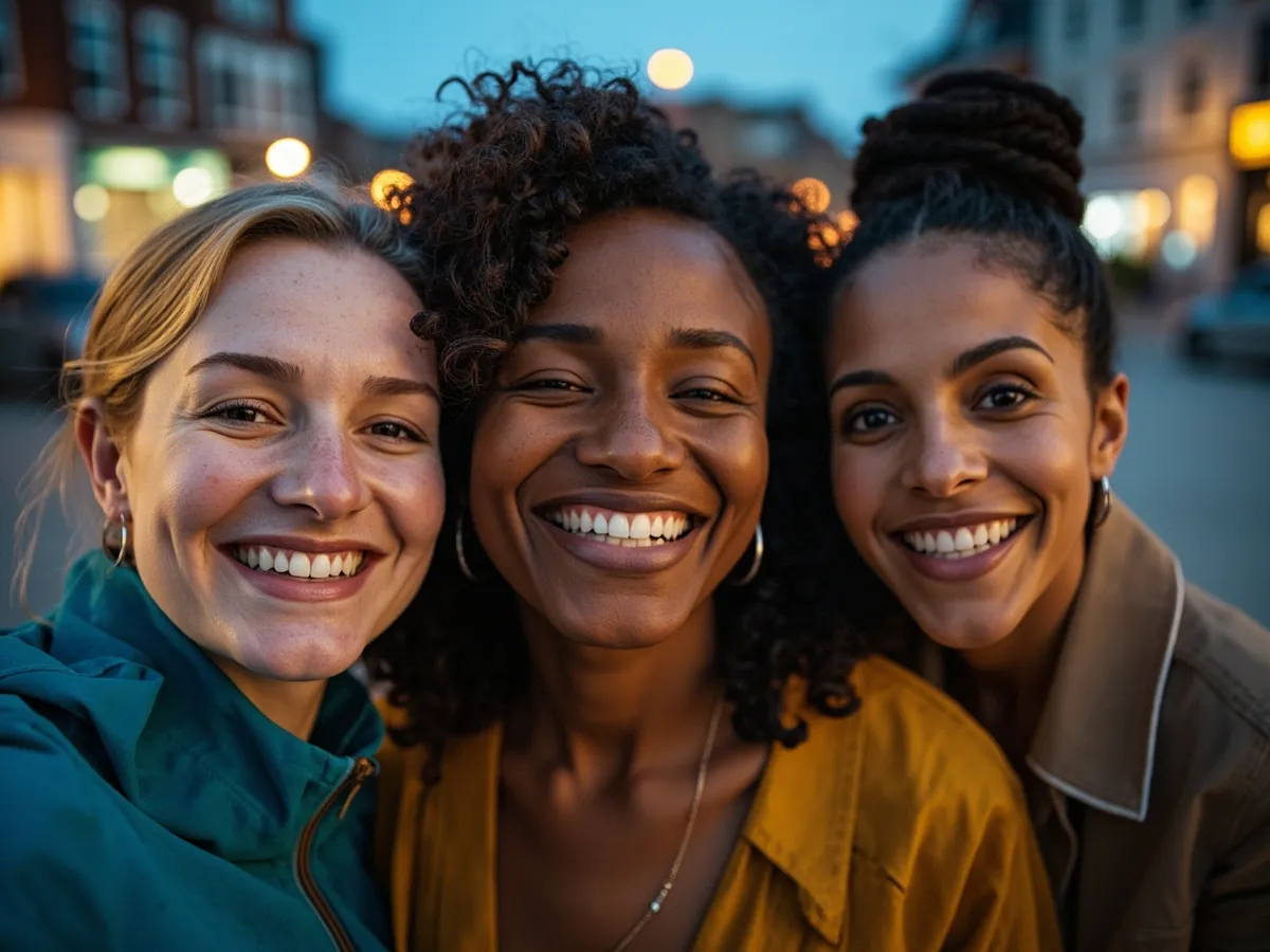 Computer-generated image: three friends laughing together in a group photo on a quest day out