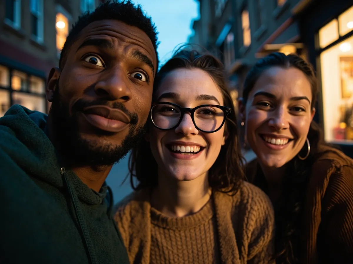 Computer-generated image: three friends laughing together in a group photo on a quest day out