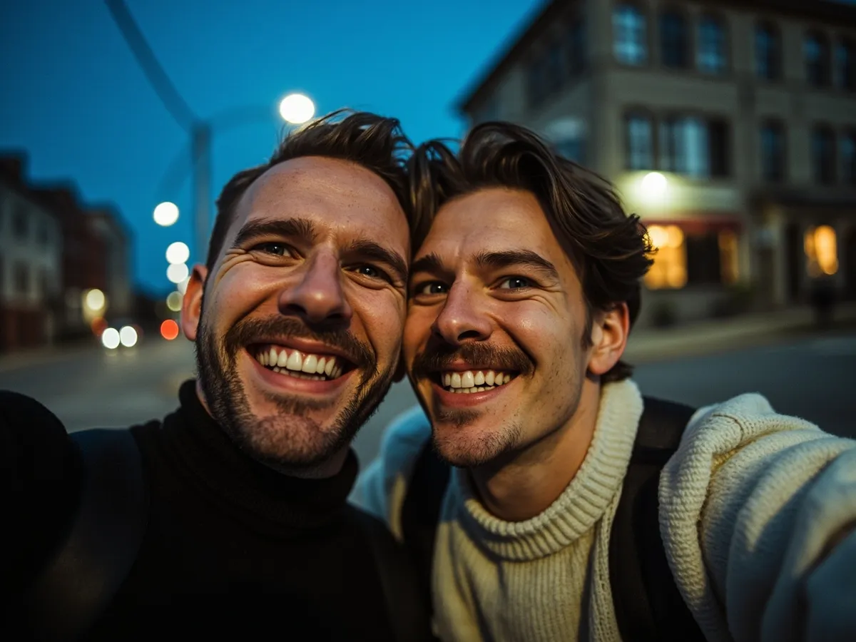 Computer-generated image: two friends laughing together in a group photo on a quest day out