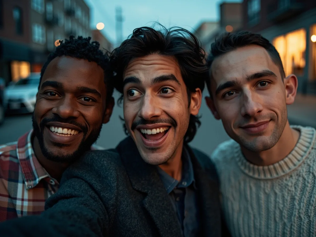 Computer-generated image: three friends laughing together in a group photo on a quest day out