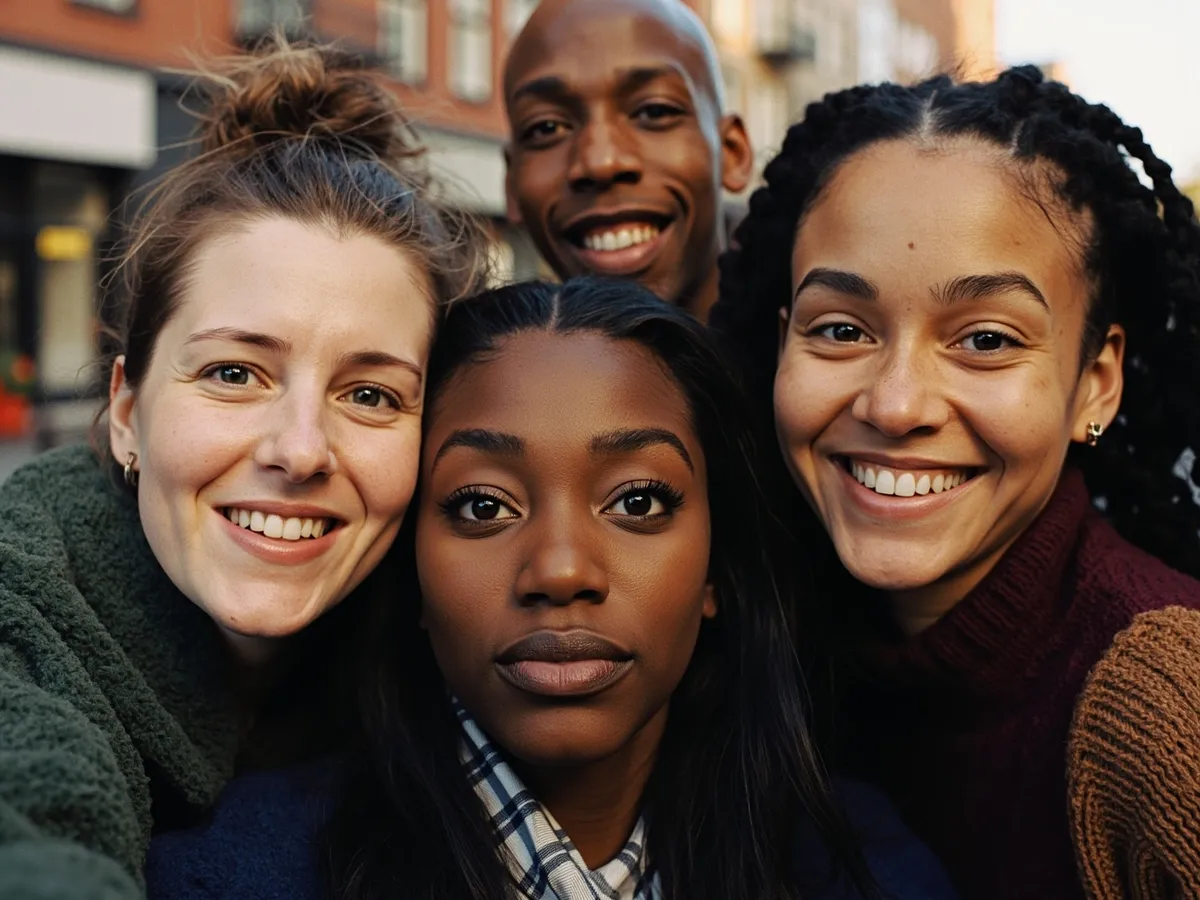 Computer-generated image: four friends laughing together in a group photo on a quest day out