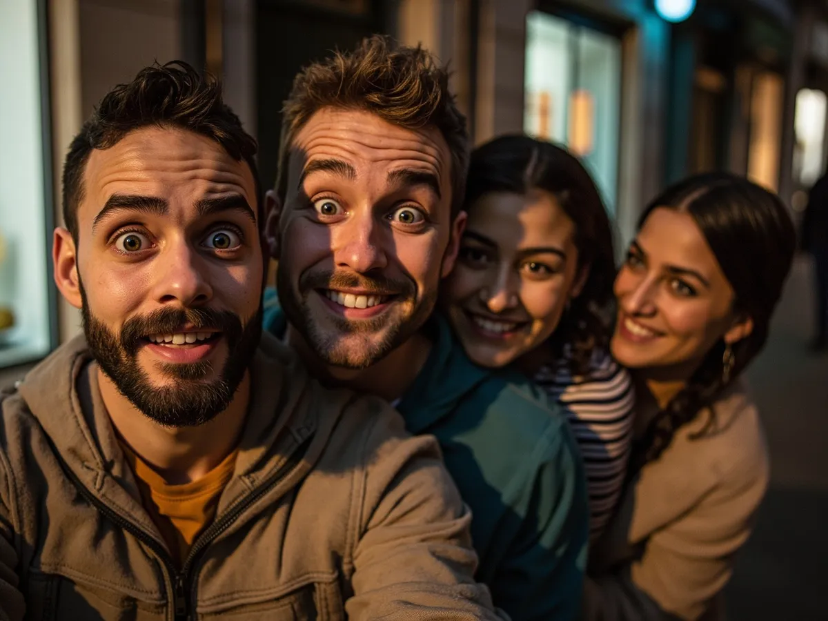 Computer-generated image: four friends laughing together in a group photo on a quest day out