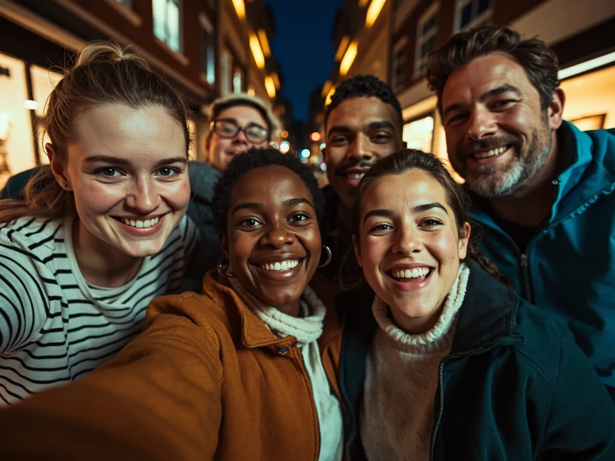 Computer-generated image: four friends laughing together in a group photo on a quest day out