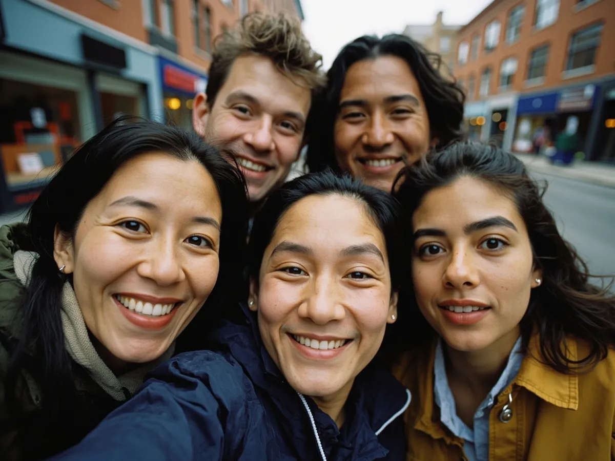 Computer-generated image: four friends laughing together in a group photo on a quest day out